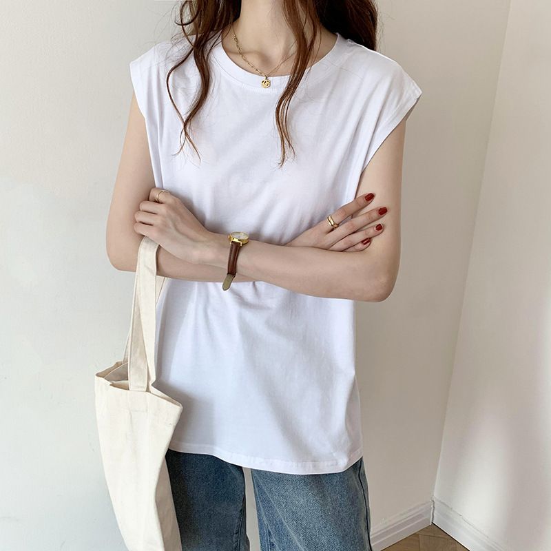 White sleeveless T-shirt for women, loose fit, 2025 summer new style, fashionable black vest, T-shirt, top, worn outside ins