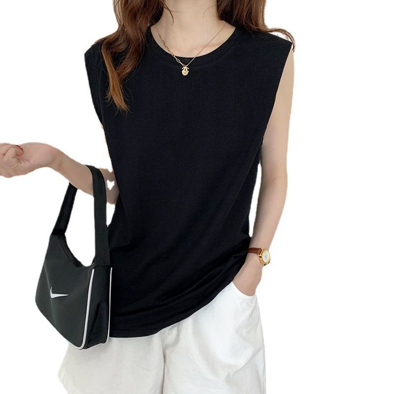 White sleeveless T-shirt for women, loose fit, 2025 summer new style, fashionable black vest, T-shirt, top, worn outside ins