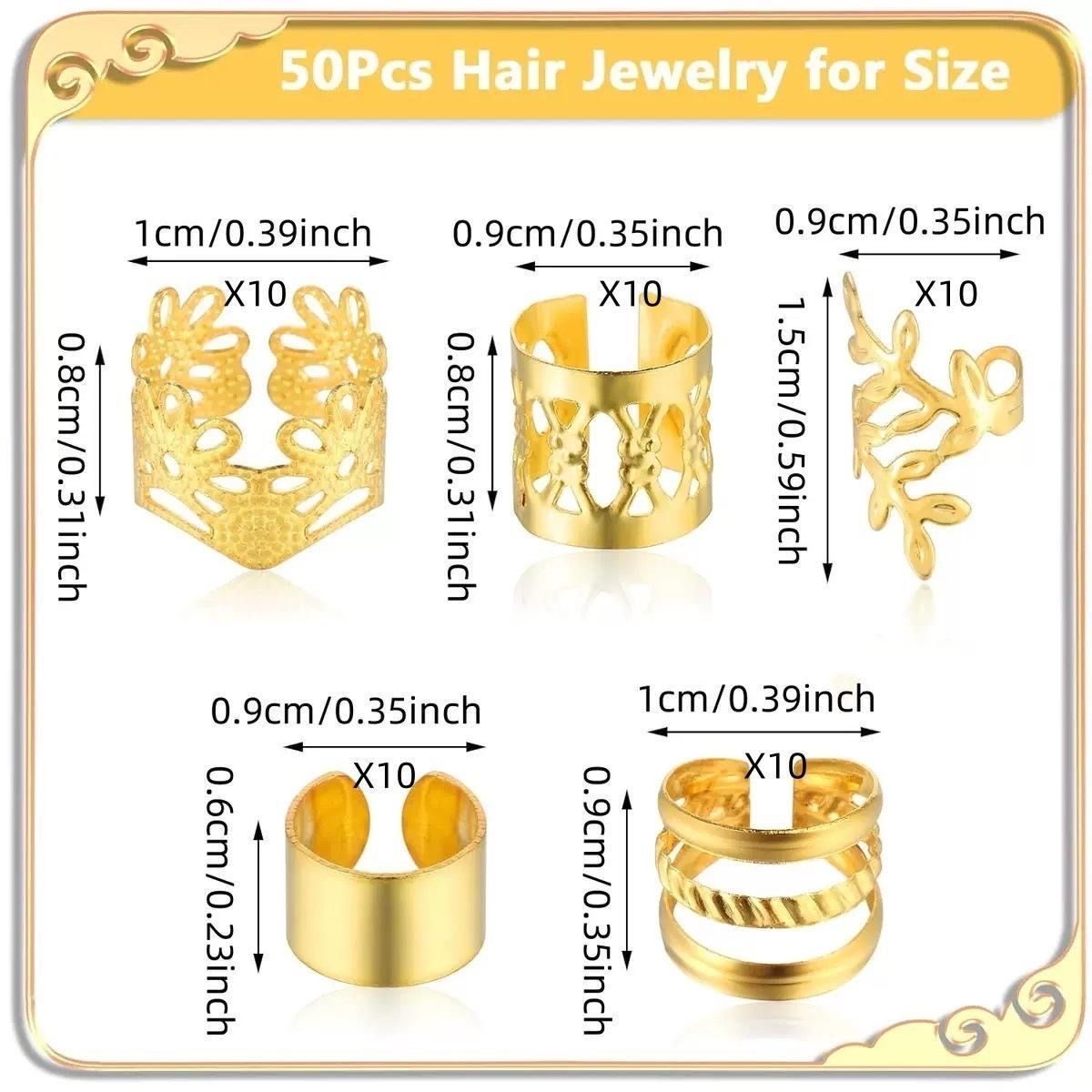 50 pieces of golden Dreadlock Locs hair accessories, suitable for women and girls' braid hair rings, adjustable cuff braided hair ring decoration gold as picture