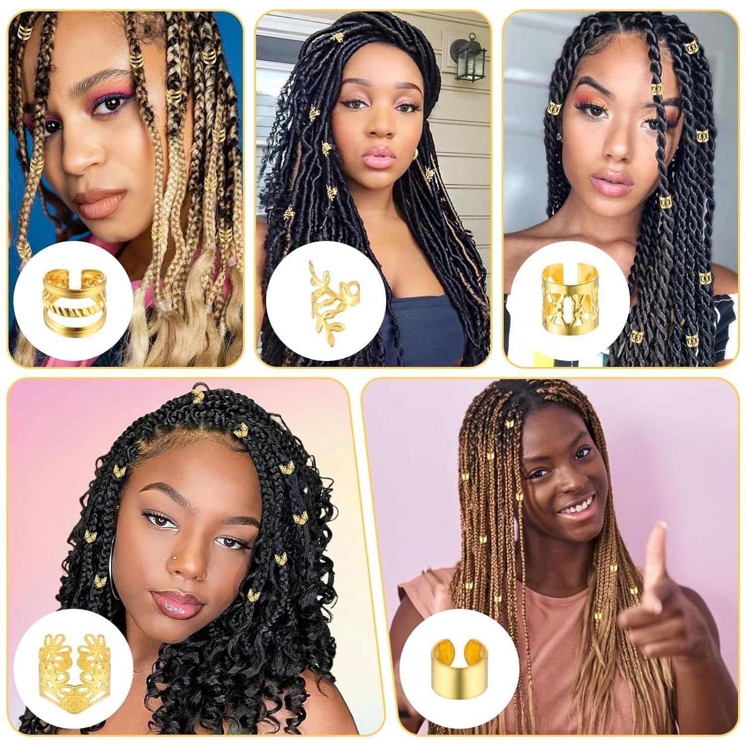 50 pieces of golden Dreadlock Locs hair accessories, suitable for women and girls' braid hair rings, adjustable cuff braided hair ring decoration gold as picture