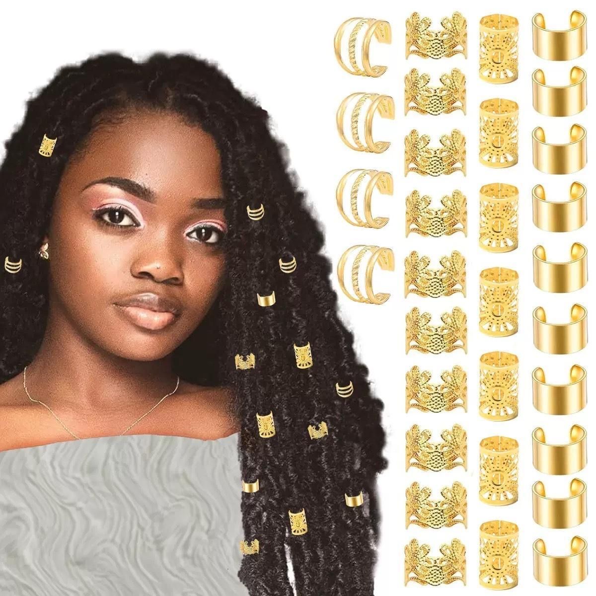 50 pieces of golden Dreadlock Locs hair accessories, suitable for women and girls' braid hair rings, adjustable cuff braided hair ring decoration gold as picture