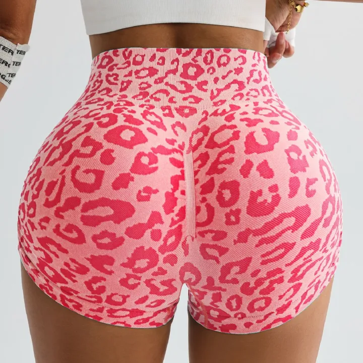 Explosions high waist abdomen Leopard yoga pants female hip tight-fitting running peach fitness shorts Pink S