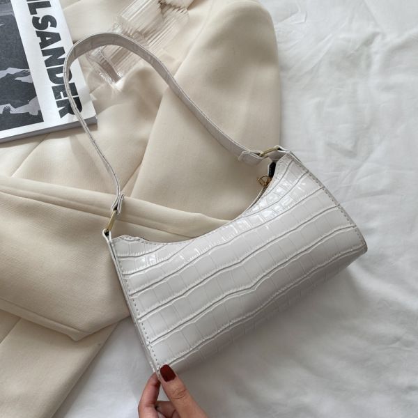 Women's Bags Shopping Bag Retro Casual Lady Underarm Handbag Stone Pattern Shoulder Bag Female Leather Solid Color Chain Bag White one