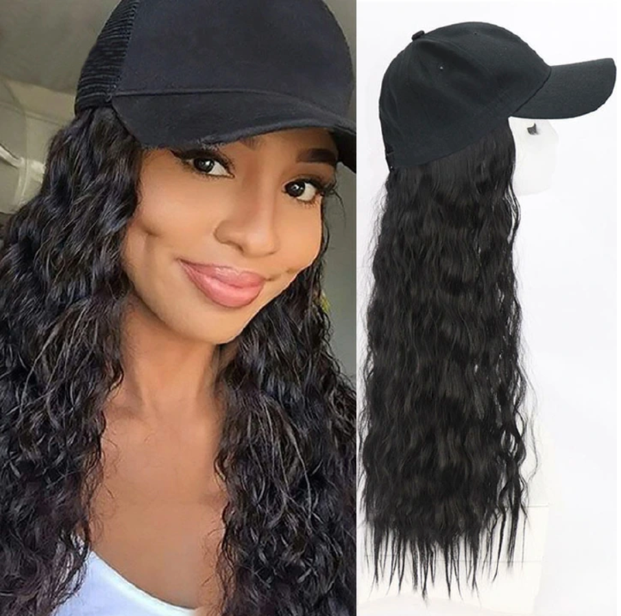 Black Hat wig female curly hair fashion cap natural hair for lady Black One size