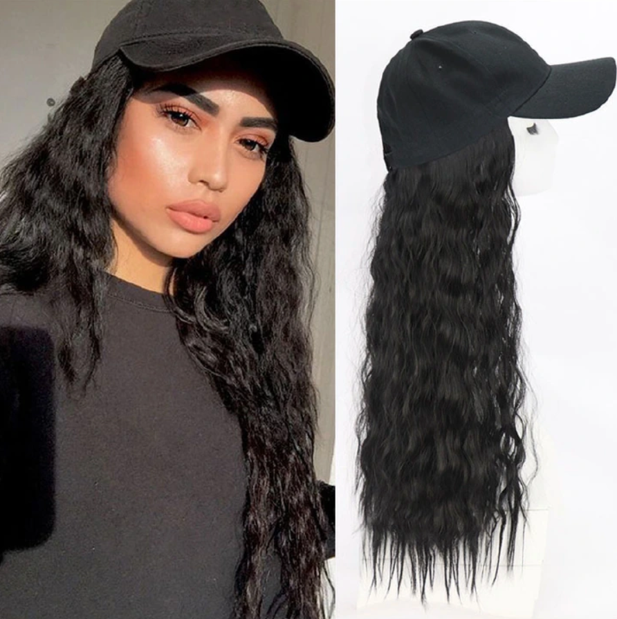 Black Hat wig female curly hair fashion cap natural hair for lady Black One size