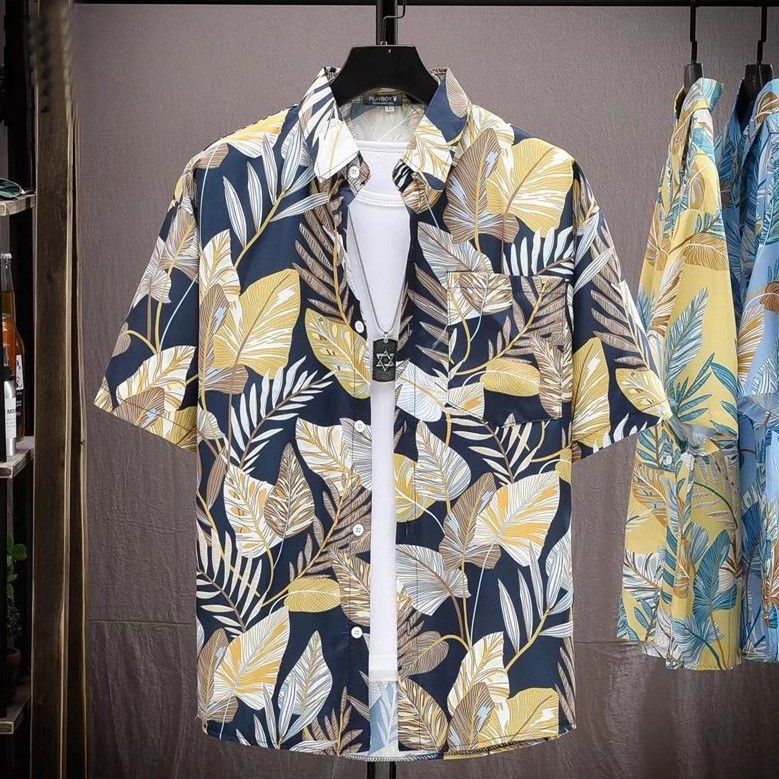 New floral shirt men's short sleeved summer hooligan handsome Hawaiian thin style youth retro beach shirt T-shirt