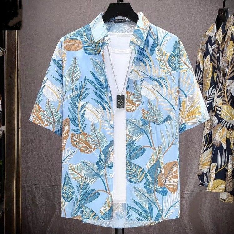 New floral shirt men's short sleeved summer hooligan handsome Hawaiian thin style youth retro beach shirt T-shirt