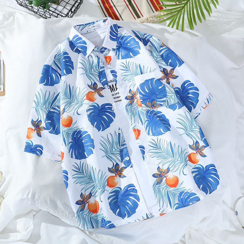 New floral shirt men's short sleeved summer hooligan handsome Hawaiian thin style youth retro beach shirt T-shirt