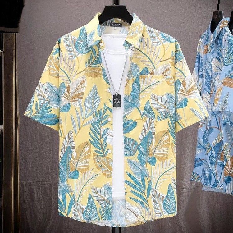 New floral shirt men's short sleeved summer hooligan handsome Hawaiian thin style youth retro beach shirt T-shirt