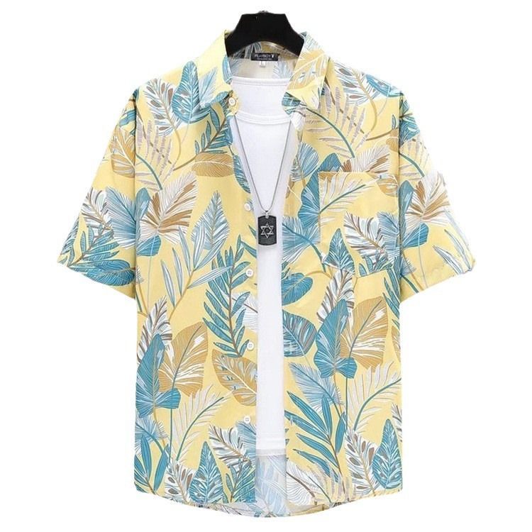 New floral shirt men's short sleeved summer hooligan handsome Hawaiian thin style youth retro beach shirt T-shirt