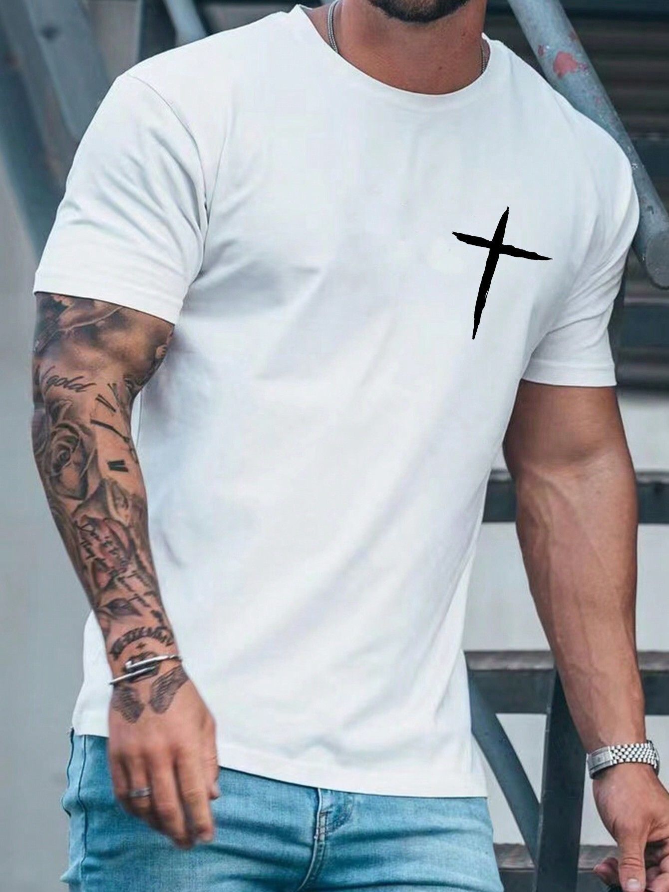 Men's casual short sleeved T-shirt loose round neck 3D digital printed rose minimalist pullover top cross-border summer
