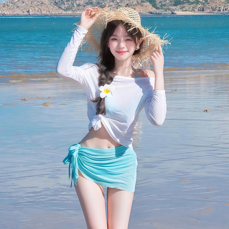 2026 New High Waist Fairy Sweet 4-Piece Women's Split Bikini Set Print Long Sleeve Swimwear Trendy Beach Vacation Fairy Swimsuit