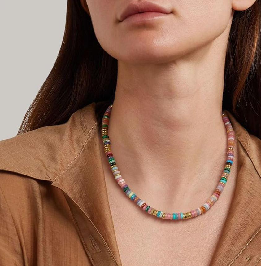 Boho Beaded Choker Necklace for Women, Gemstone Choker Natural Stone Freshwater Pearl Surfer Necklaces 18K Gold Plated Summer Beach Handmade Jewelry Rainbow One size