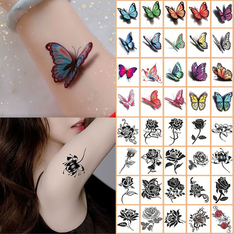 20pcs D Temporary Tattoo Stickers – Waterproof Rose & Butterfly Collarbone Body Art | Easy to Apply & Clean Long-Lasting Desig A One Size