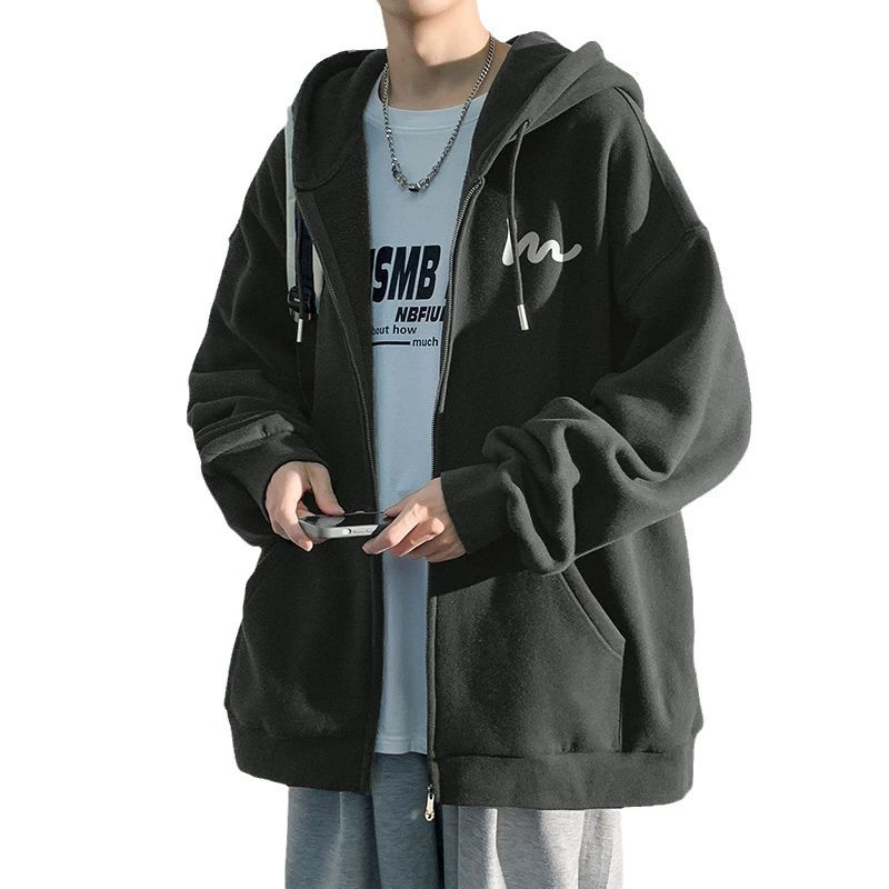 Creative American heavy weight student cardigan sweater men's autumn and winter new hooded jacket coat loose trend simple