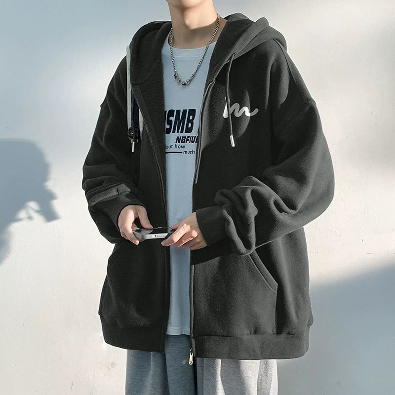 Creative American heavy weight student cardigan sweater men's autumn and winter new hooded jacket coat loose trend simple