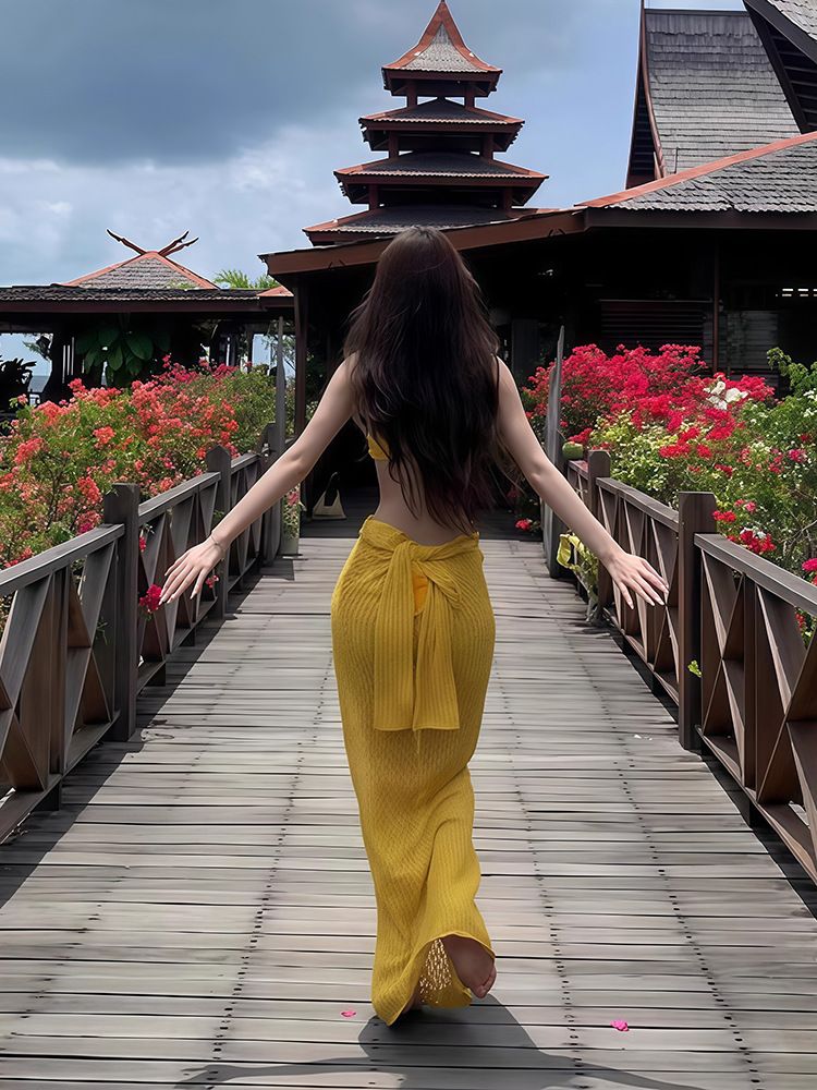 Bikini swimsuit women 2025 new Thai stunning yellow split three piece set sexy long skirt island vacation style