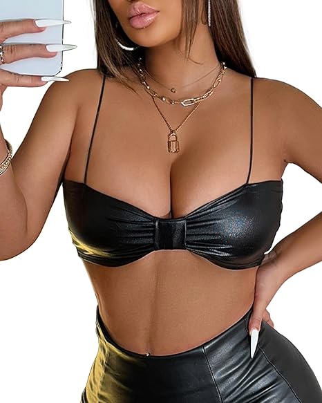Women's Black Bralette Top - PU Faux Leather Bra Comfortable Bralette Spaghetti Strap Crop Cami Top