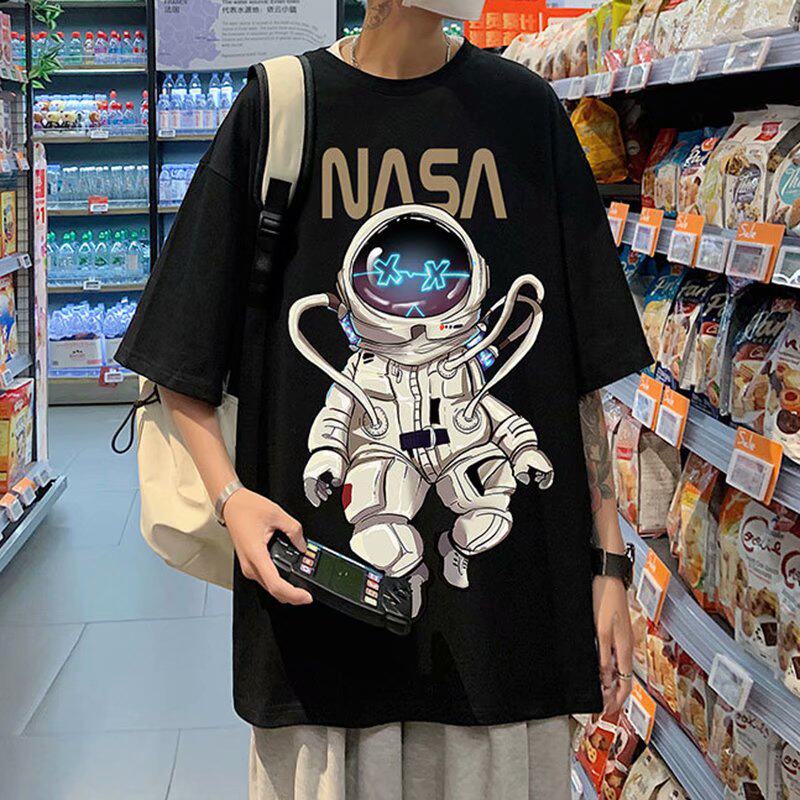 9.9 yuan astronaut short sleeved T-shirt men's trendy brand ins 2021 summer loose couple simple five and a half sleeve