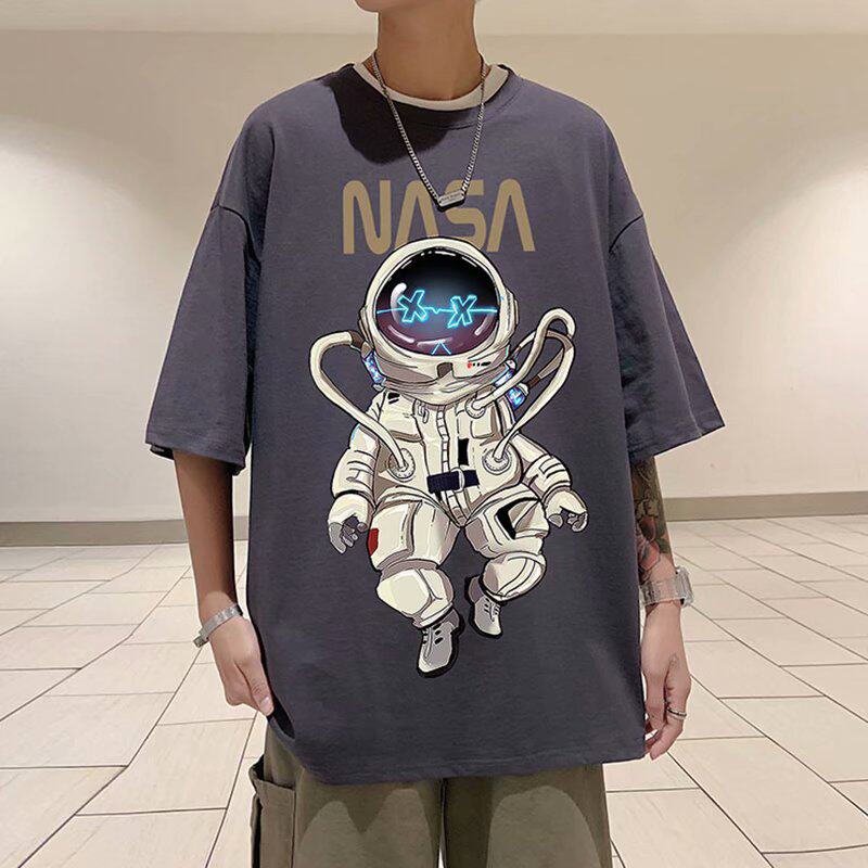 9.9 yuan astronaut short sleeved T-shirt men's trendy brand ins 2021 summer loose couple simple five and a half sleeve