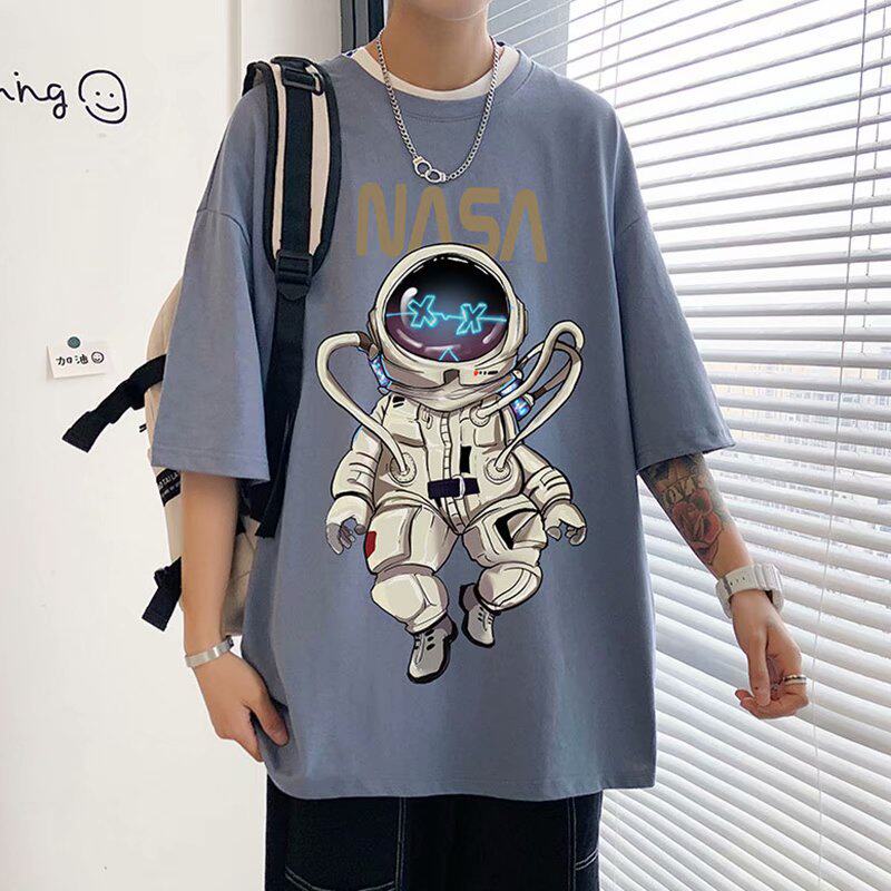 9.9 yuan astronaut short sleeved T-shirt men's trendy brand ins 2021 summer loose couple simple five and a half sleeve
