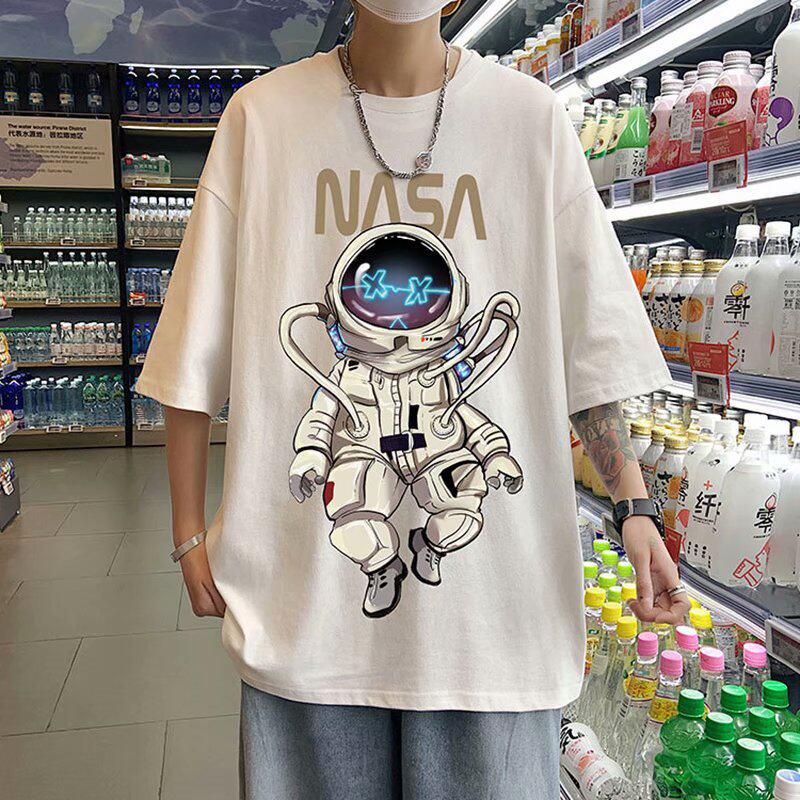 9.9 yuan astronaut short sleeved T-shirt men's trendy brand ins 2021 summer loose couple simple five and a half sleeve