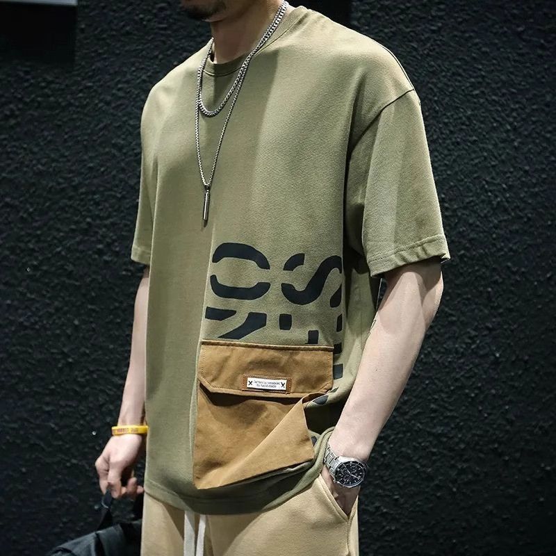 Design sense retro casual workwear short sleeved t-shirt men's summer plus size loose teenage trendy brand fashionable clothing