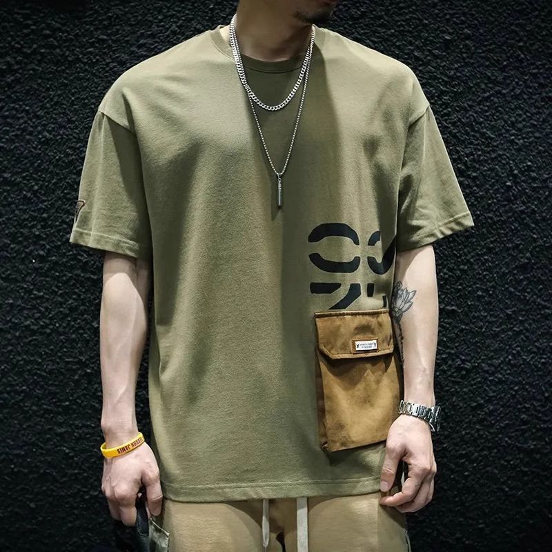 Design sense retro casual workwear short sleeved t-shirt men's summer plus size loose teenage trendy brand fashionable clothing