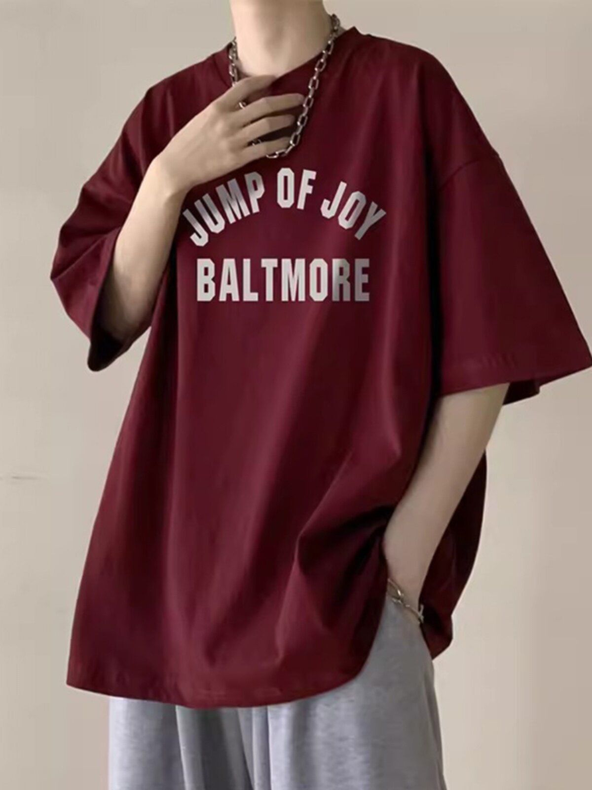 Wine red American high street short sleeved t-shirt men's fashion brand summer five quarter sleeve heavyweight clothes trend half sleeved top