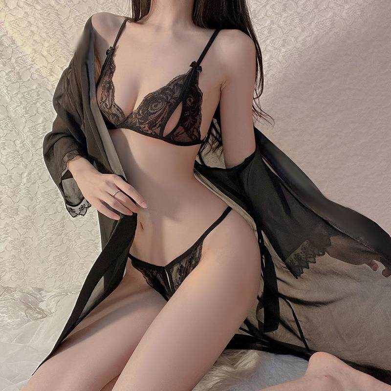 Sexy pajamas, erotic lingerie, lace kimono, nightgown supplies, seductive uniforms, passionate perspective black clothes, women's cardigans