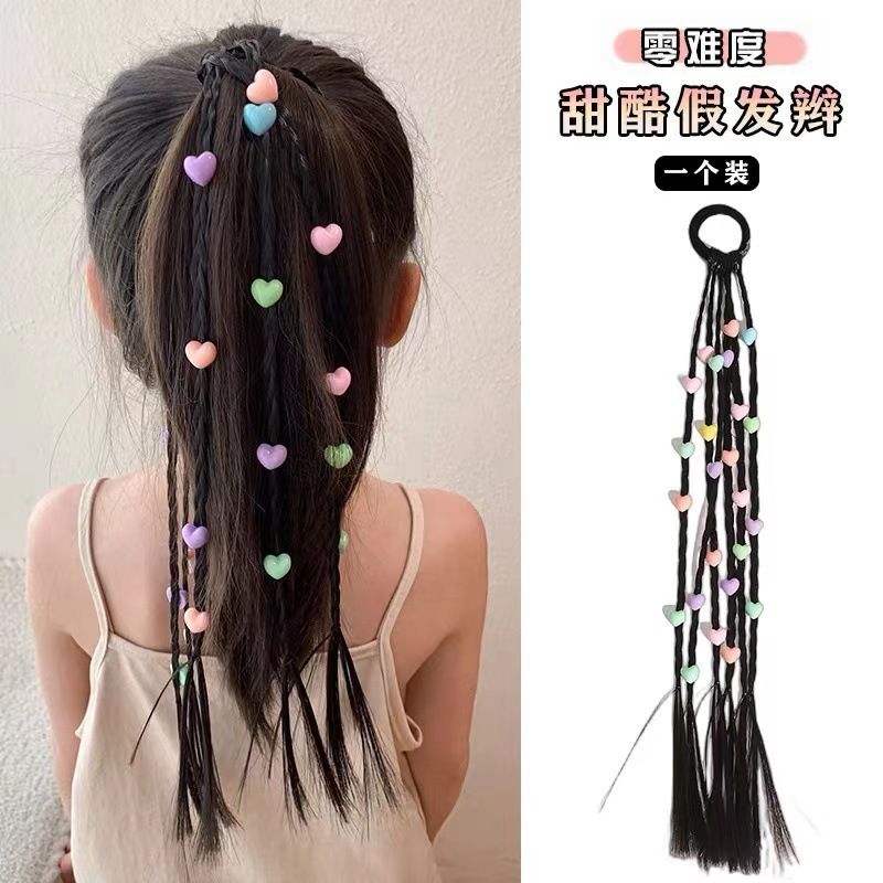 New Sweet Cool Boxing Braid Children's Wig Braid Hair Ring Little Girl High Ponytail Love Braided Hair Rope Hair Accessories Style_1 AS PICTURE