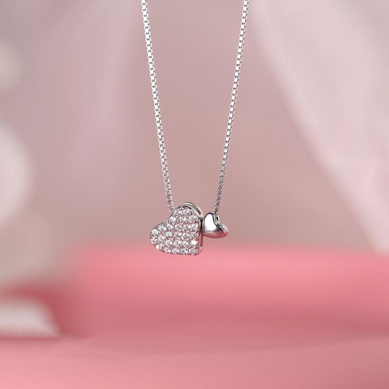 S925 pure silver heart-shaped necklace women's Korean version small fresh sweet diamond inlaid love box chain wholesale for ladies' neck accessories platinum blonde 925 silver