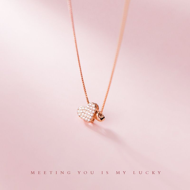 S925 pure silver heart-shaped necklace women's Korean version small fresh sweet diamond inlaid love box chain wholesale for ladies' neck accessories platinum blonde 925 silver