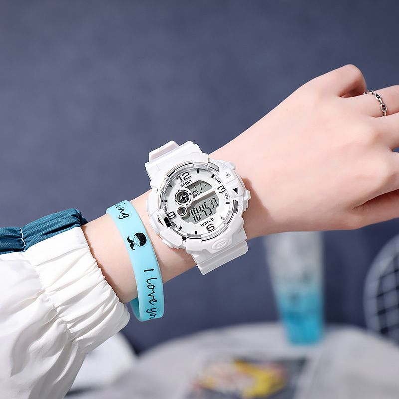 Small, fresh and sweet electronic watch female student's best friend couple sports waterproof luminous watch Tiktok face single generation hair white AS PICTURE