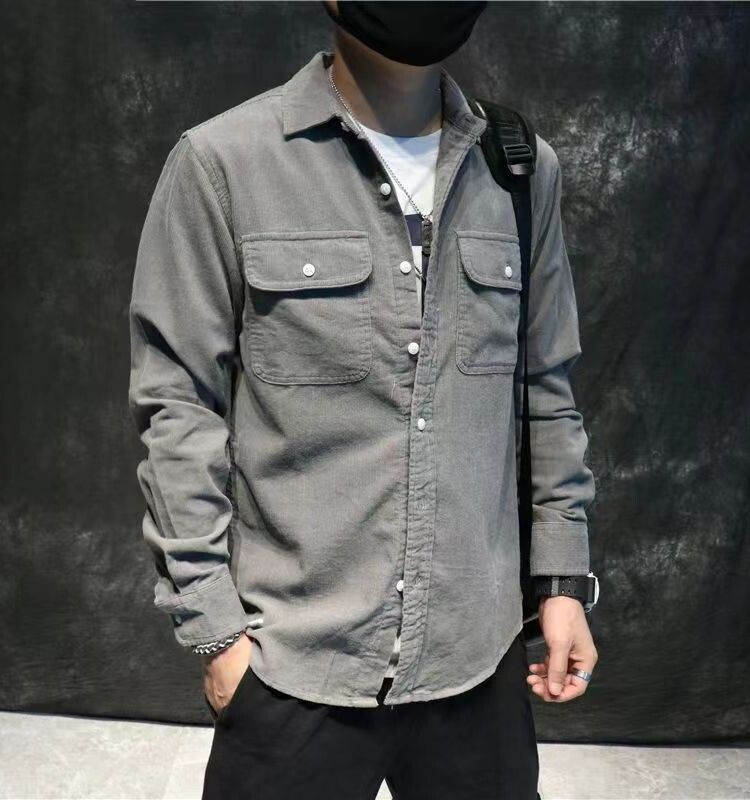 Trendy brand autumn Japanese retro corduroy long sleeved shirt men's trendy and cool loose casual men's jacket outer cover