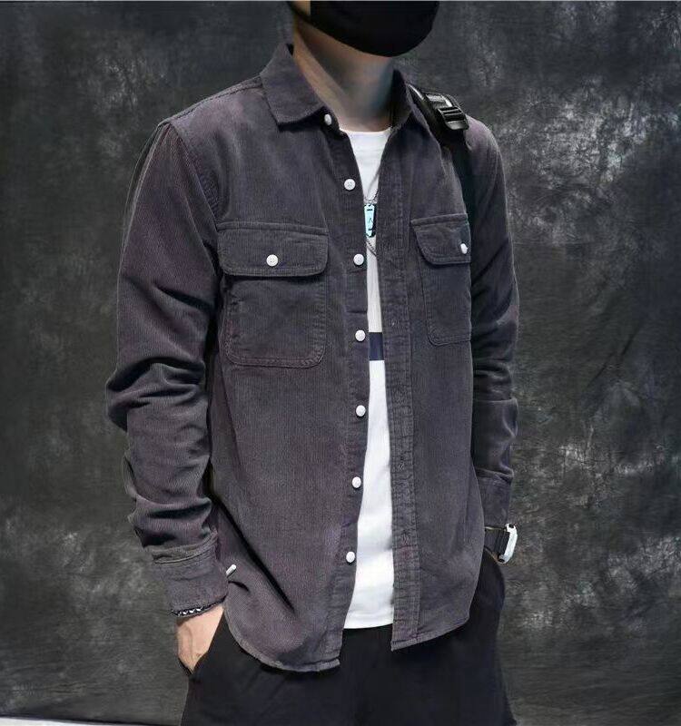 Trendy brand autumn Japanese retro corduroy long sleeved shirt men's trendy and cool loose casual men's jacket outer cover