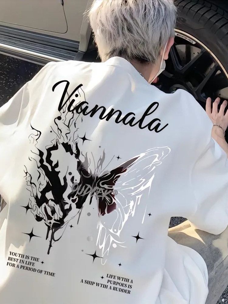 Trendy brand cool and trendy street T-shirt for boys with a high-end feel. Summer pure cotton butterfly short sleeved American high street niche five quarter sleeve