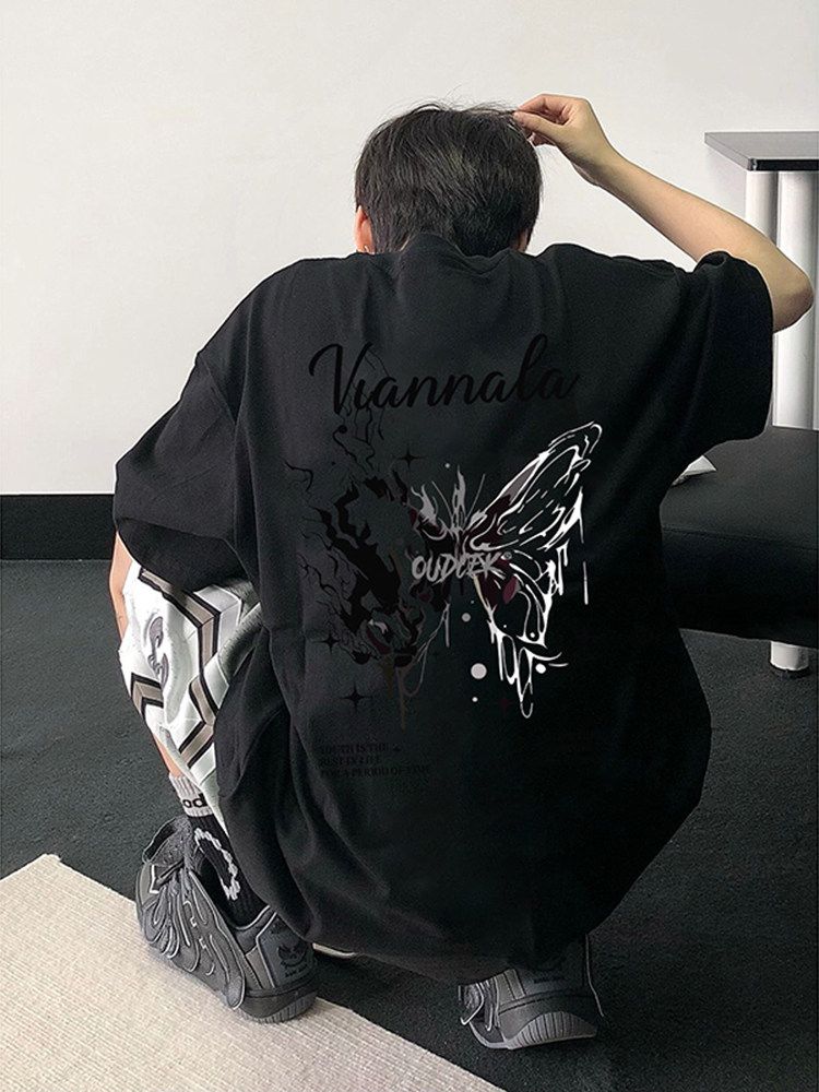 Trendy brand cool and trendy street T-shirt for boys with a high-end feel. Summer pure cotton butterfly short sleeved American high street niche five quarter sleeve