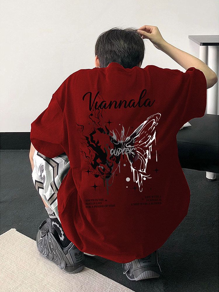 Trendy brand cool and trendy street T-shirt for boys with a high-end feel. Summer pure cotton butterfly short sleeved American high street niche five quarter sleeve