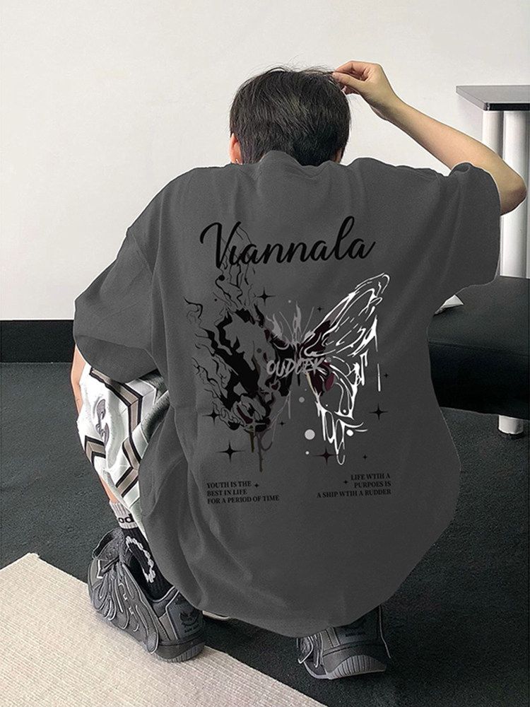 Trendy brand cool and trendy street T-shirt for boys with a high-end feel. Summer pure cotton butterfly short sleeved American high street niche five quarter sleeve