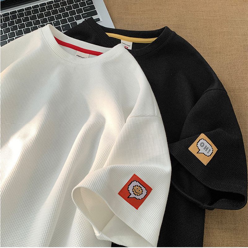 Foreign trade leftover ice silk short sleeved t-shirts for boys, waffle style loose five quarter sleeves, heavy weight for teenagers, half sleeved clothes