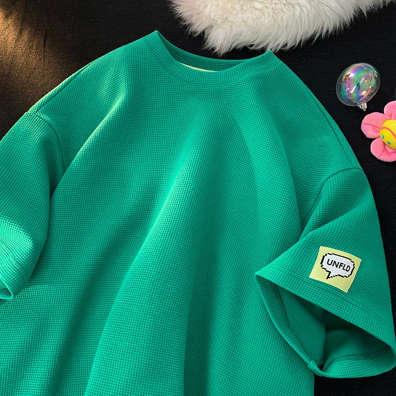 Foreign trade leftover ice silk short sleeved t-shirts for boys, waffle style loose five quarter sleeves, heavy weight for teenagers, half sleeved clothes