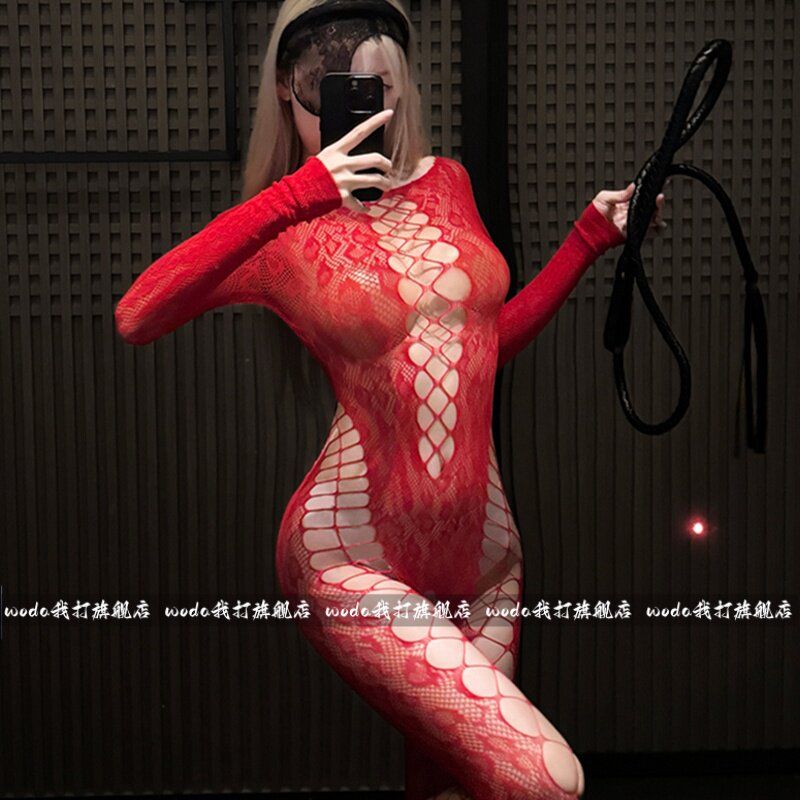I play: sexy lingerie, red lace hollow see through mesh clothing, one-piece pajamas, sexy cross fishing net socks, qqny