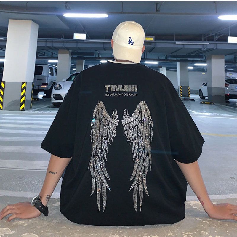 Trendy rhinestone t-shirt for men, high street brand, heavyweight short sleeved design, niche wings, pure cotton t-shirt, summer half sleeved