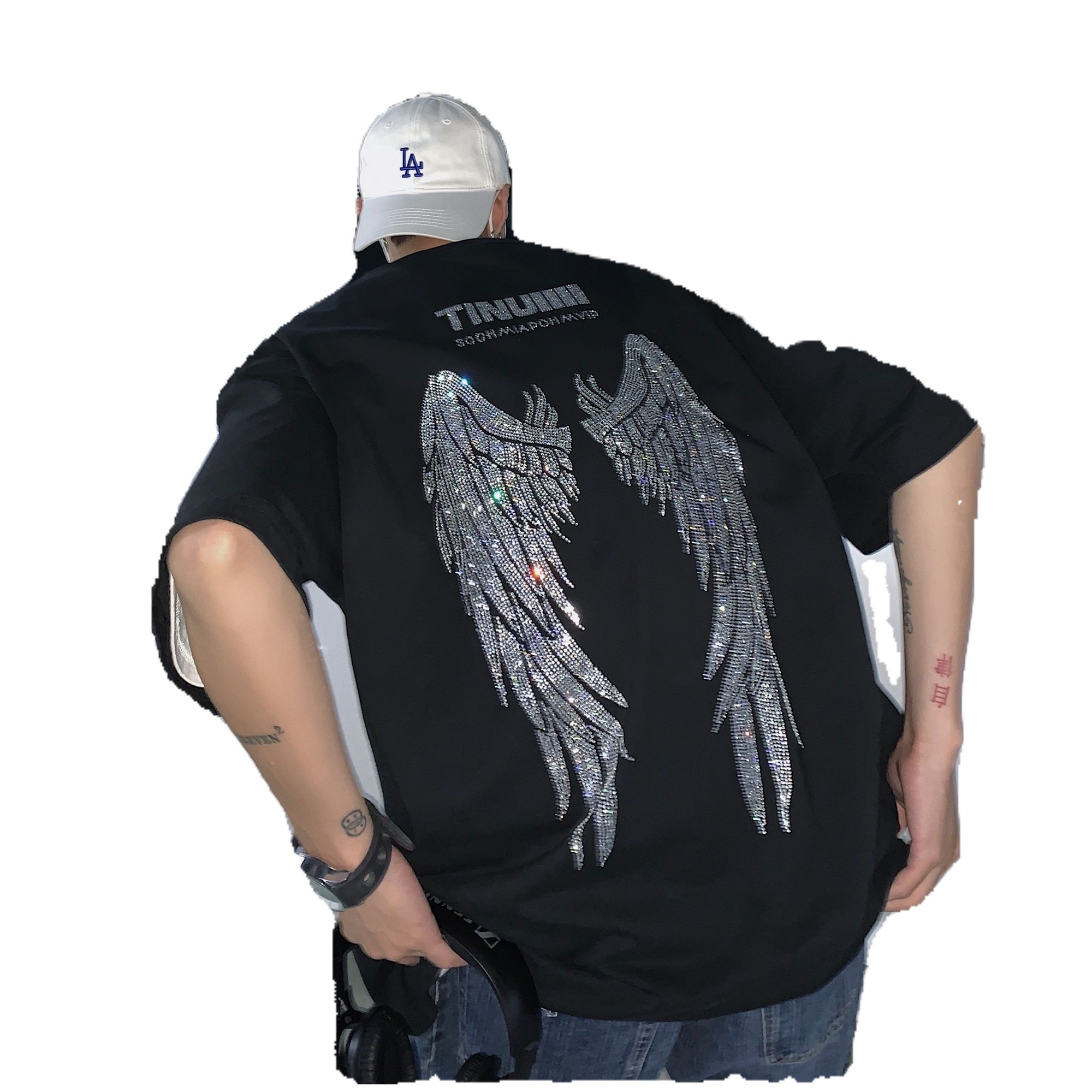 Trendy rhinestone t-shirt for men, high street brand, heavyweight short sleeved design, niche wings, pure cotton t-shirt, summer half sleeved