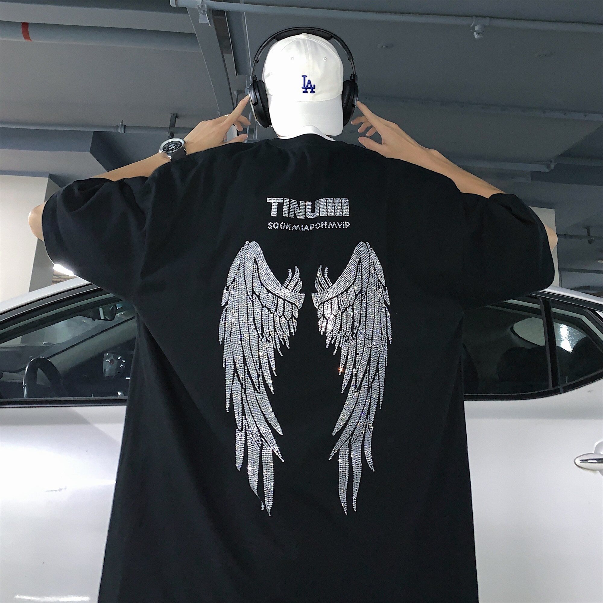 Trendy rhinestone t-shirt for men, high street brand, heavyweight short sleeved design, niche wings, pure cotton t-shirt, summer half sleeved