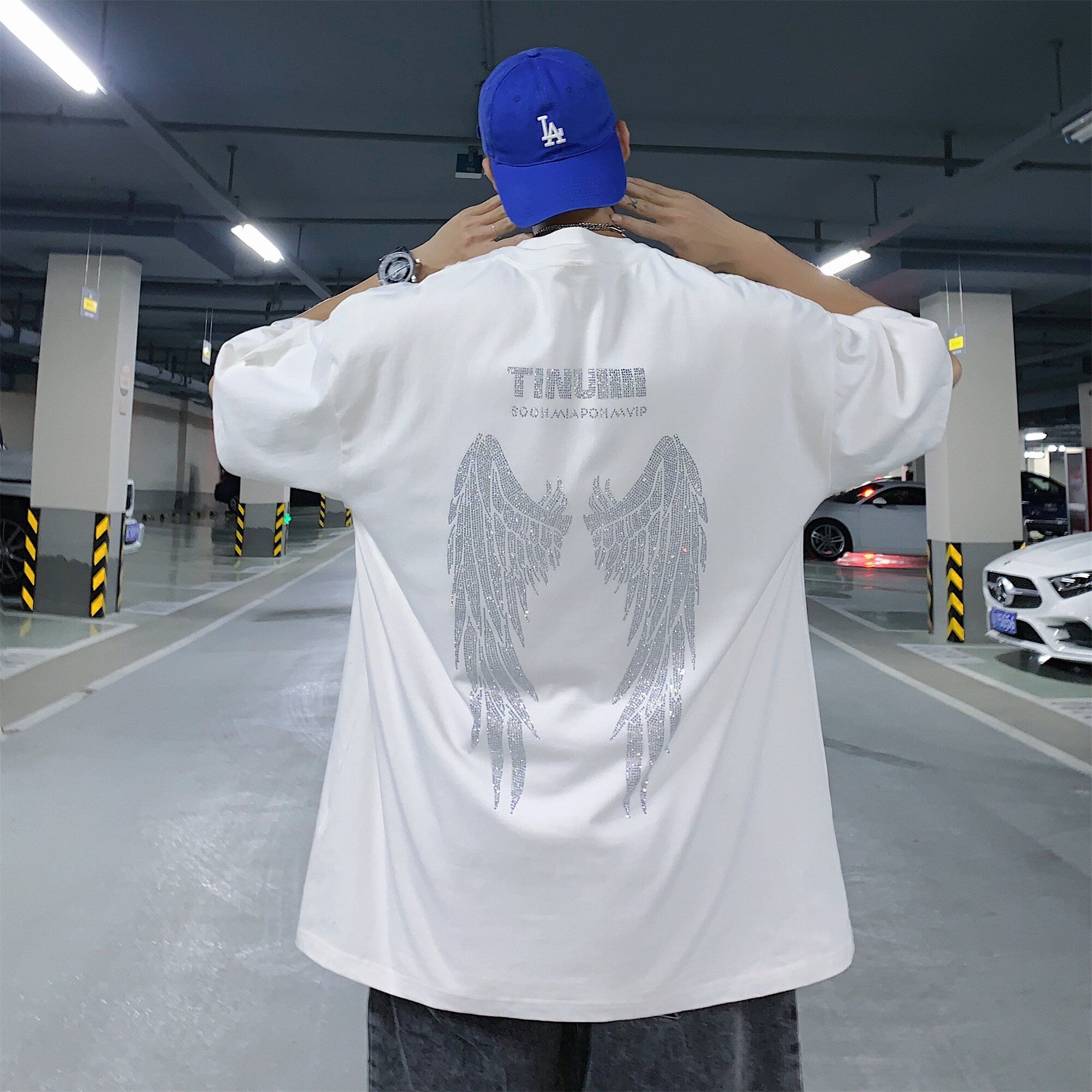 Trendy rhinestone t-shirt for men, high street brand, heavyweight short sleeved design, niche wings, pure cotton t-shirt, summer half sleeved