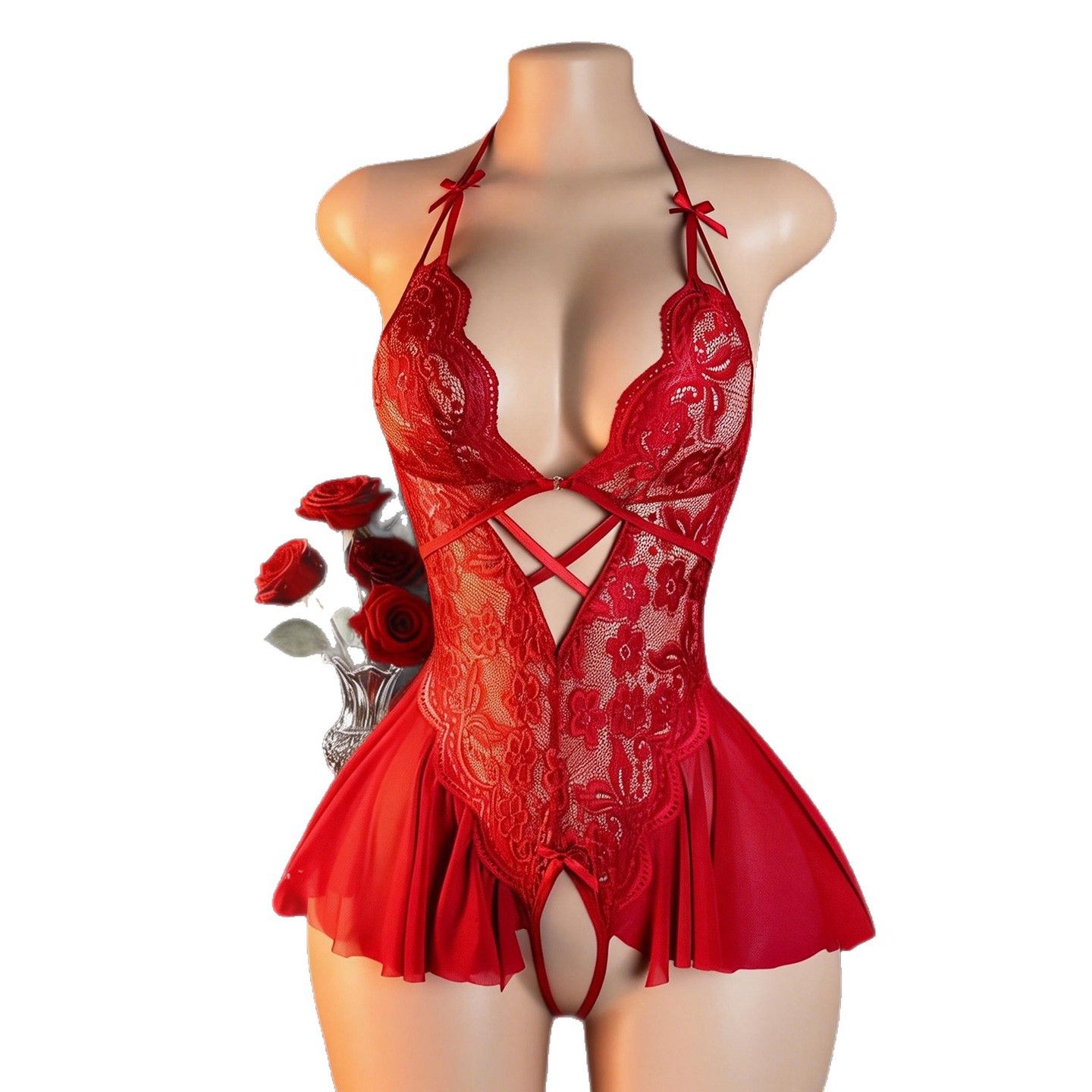 Muroo European and American Cross border Lace Open End Non take Off jumpsuit Sexy Women's Deep V Temptation Pure Desire Short Skirt Sexy Underwear