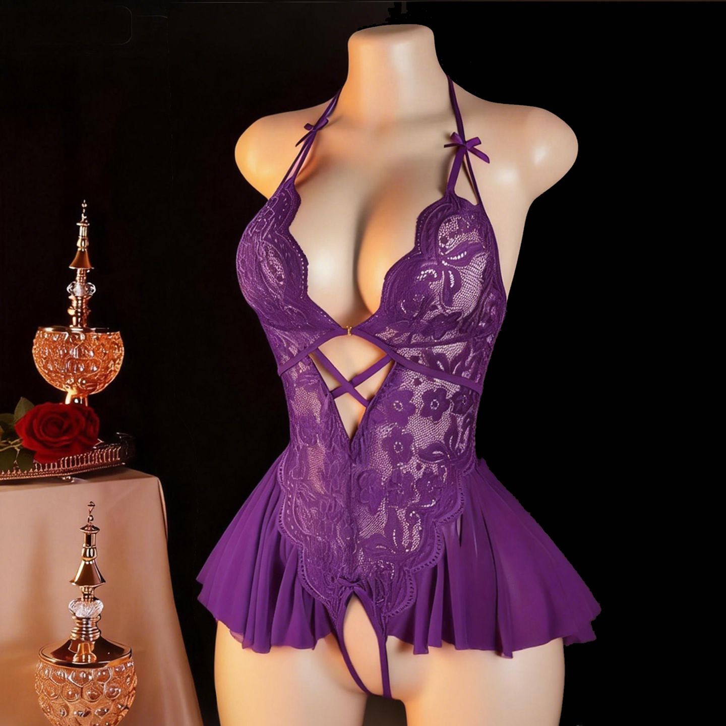 Muroo European and American Cross border Lace Open End Non take Off jumpsuit Sexy Women's Deep V Temptation Pure Desire Short Skirt Sexy Underwear