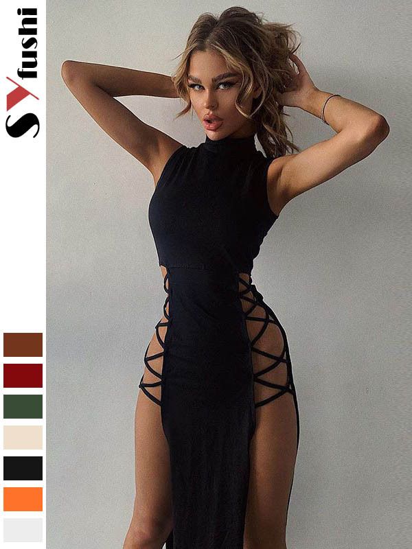 American Amazon Summer Women's Semi-High Neck Vest Slim Sleeveless European and American Style Slit Sexy Hot Girl Dress